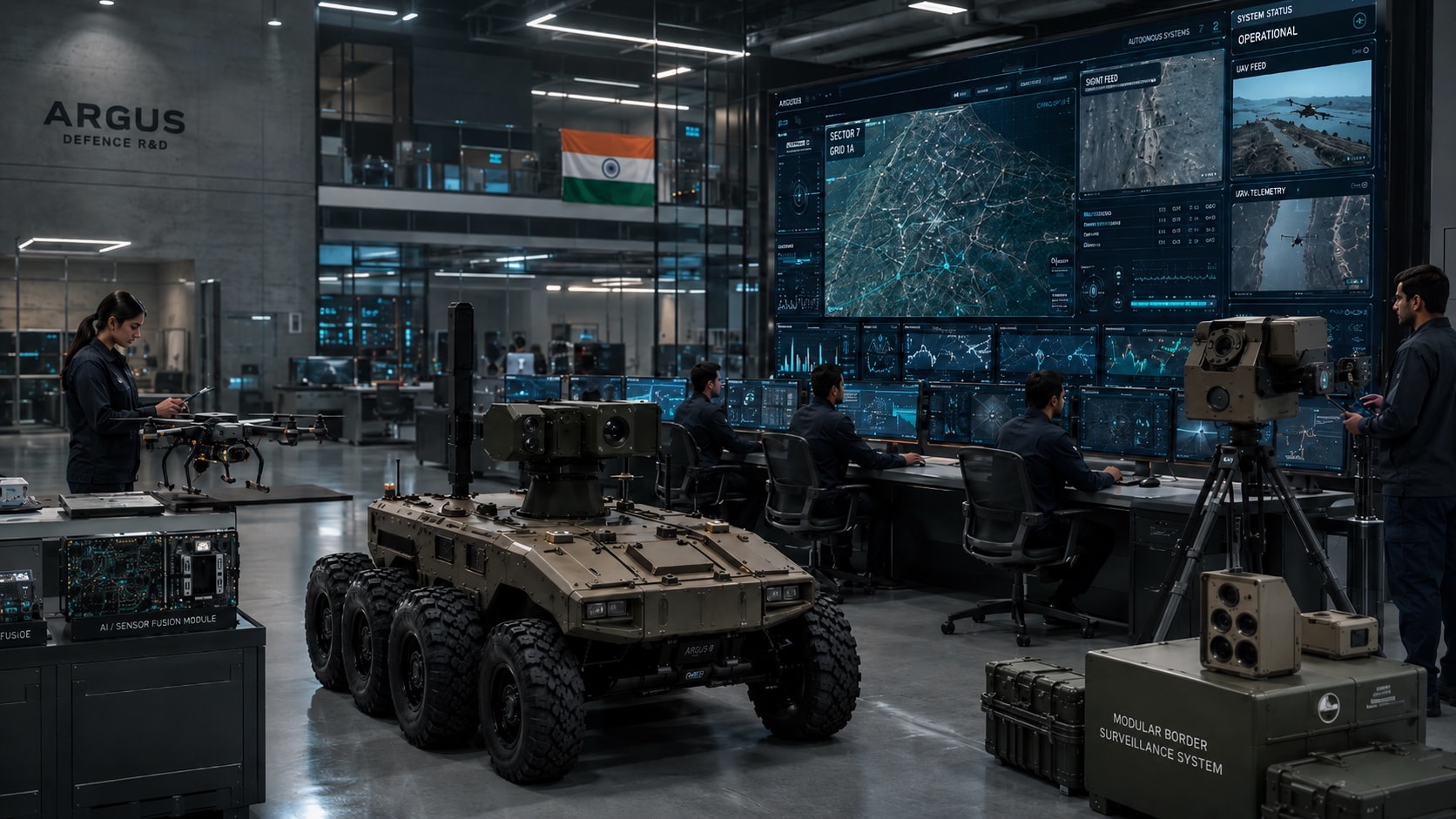 Argus Defence R&D floor: an autonomous ground vehicle, surveillance systems, and engineers at a live operations wall.