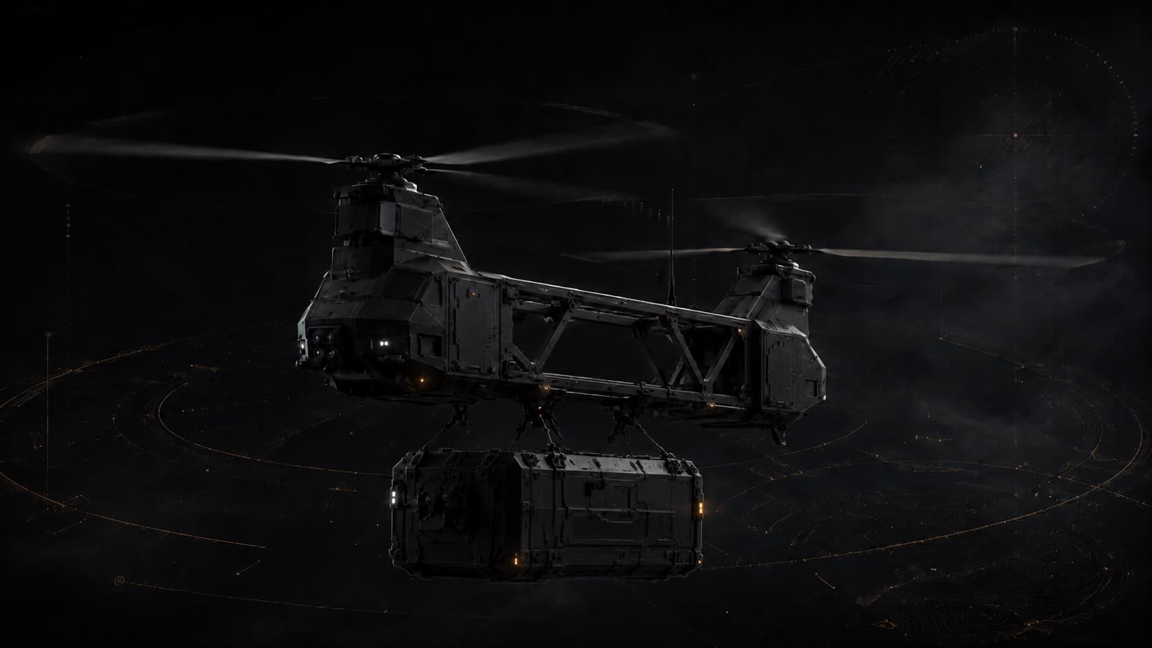 An autonomous tandem-rotor aircraft carrying a slung cargo container in flight at night.