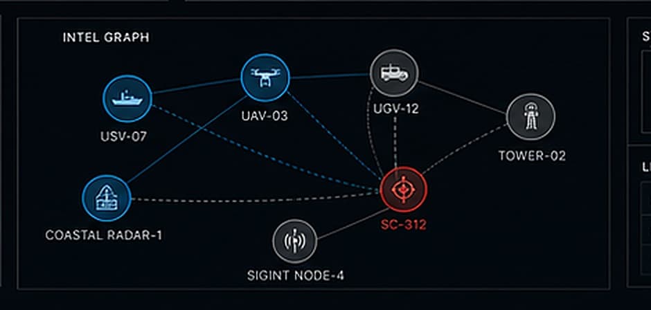 An intel graph linking detected contacts across sensors: surface, air, and ground assets connected to a tracked threat.