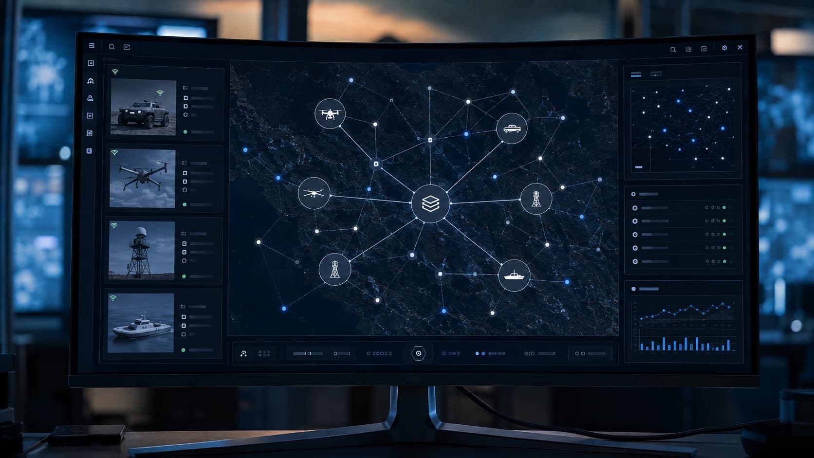 A command display showing a live intel graph: drones, ground vehicles, sensor towers and vessels linked to one central autonomy stack over a dark map.