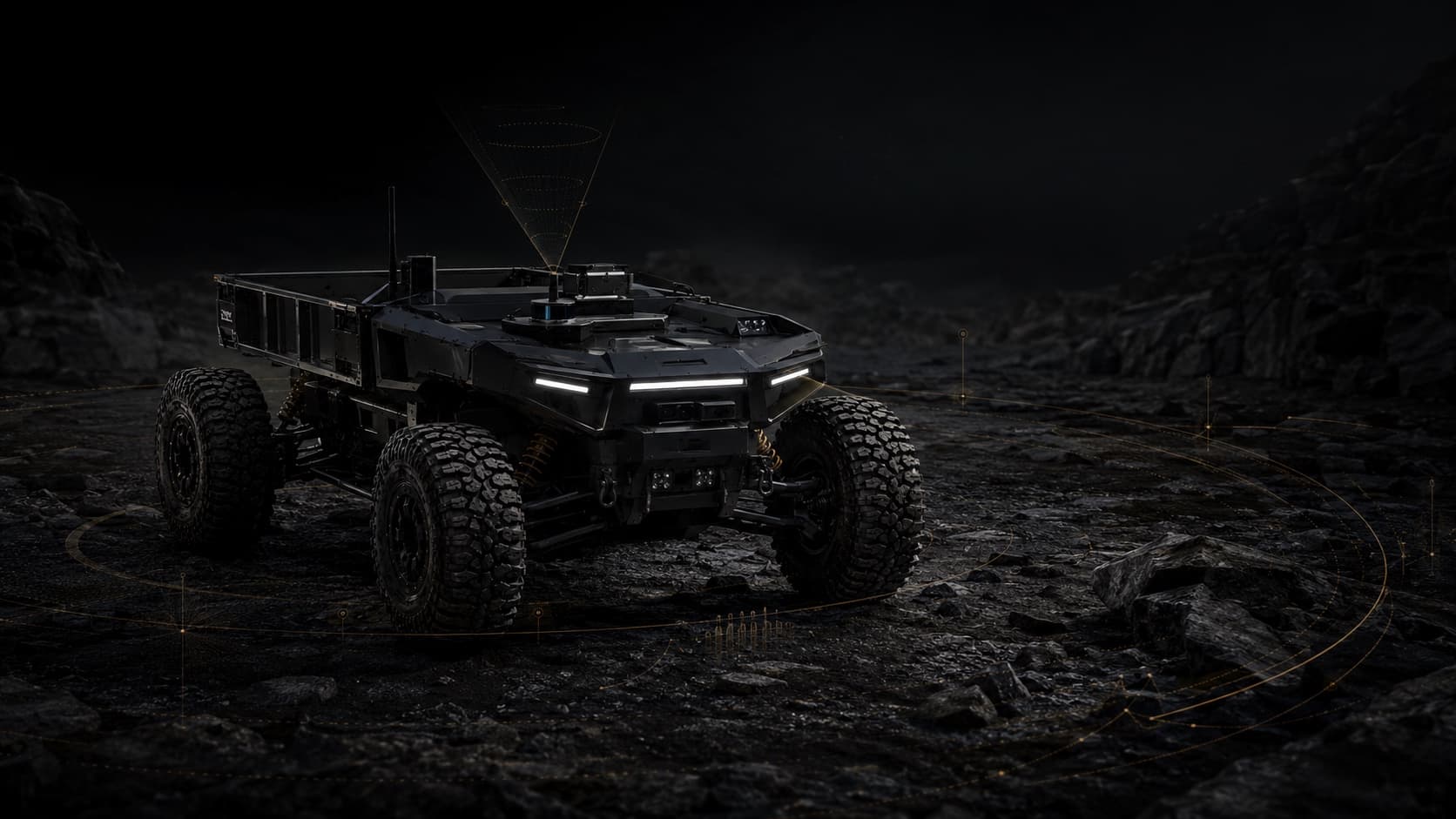 An autonomous six-wheeled ground vehicle on rough terrain at night.