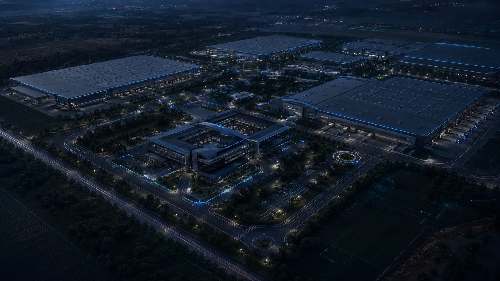 An aerial view of a large automated manufacturing complex at night, lit by blue accent lighting.