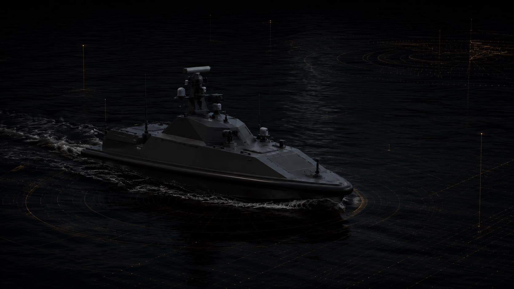 An uncrewed surface vessel underway on dark open water at night.